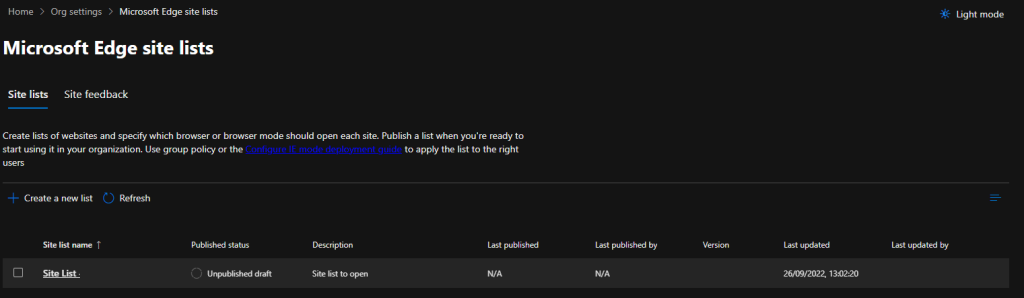 Site configuration settings